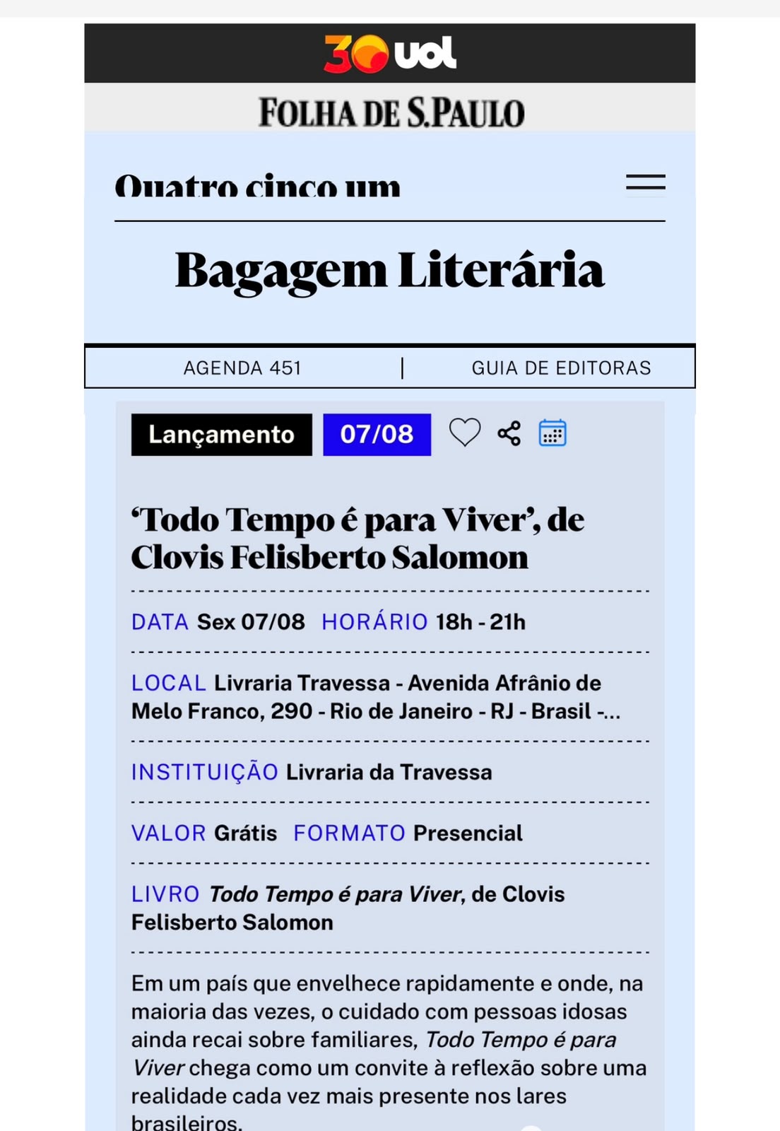 Reprodução da agenda da Quatro Cinco Um com o lançamento do livro